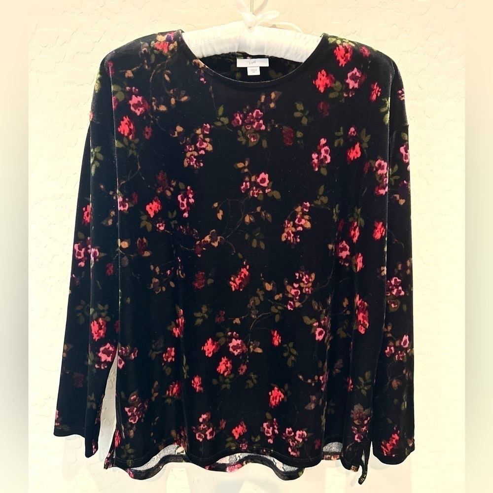 J.JILL | Soft Velvet Black Cottagecore Floral Crewneck Long Sleeve Top | XS